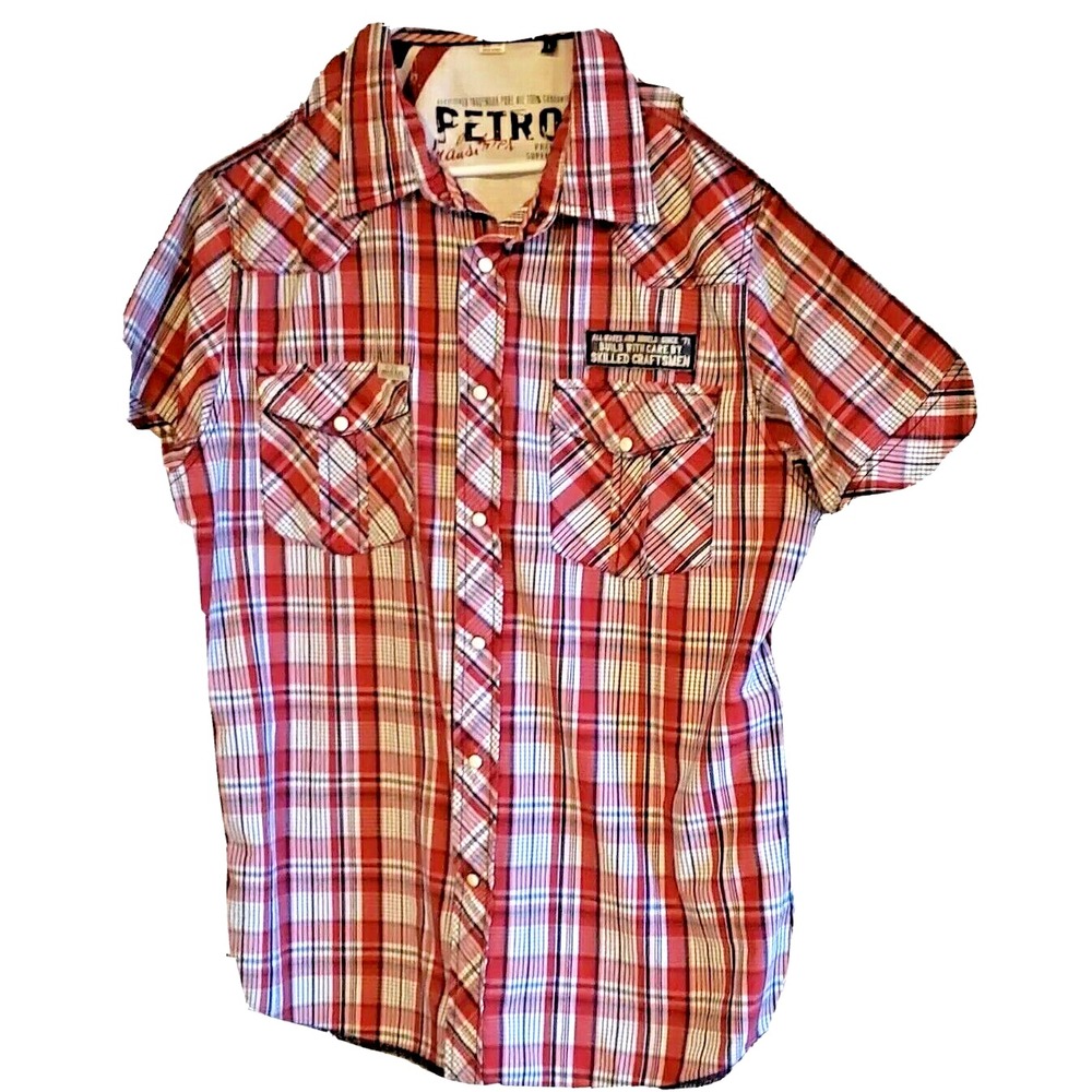 Petrol Industries Men's‎ Red Plaid,  Pearl Snap Shirt Patches Embroidered Large